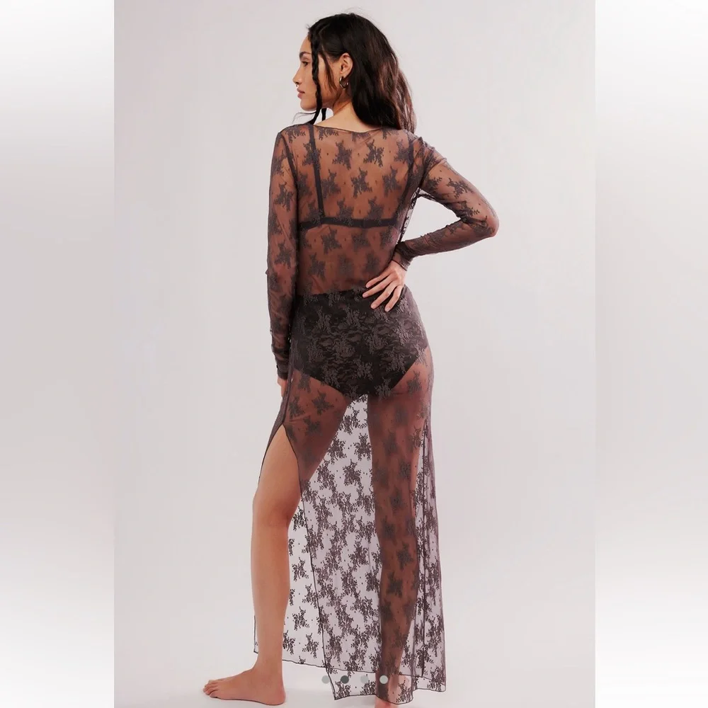 Free People Lux Maxi Slip Dress Mesh Lace Dark Grey Size M NWOT - Picture 9 of 11